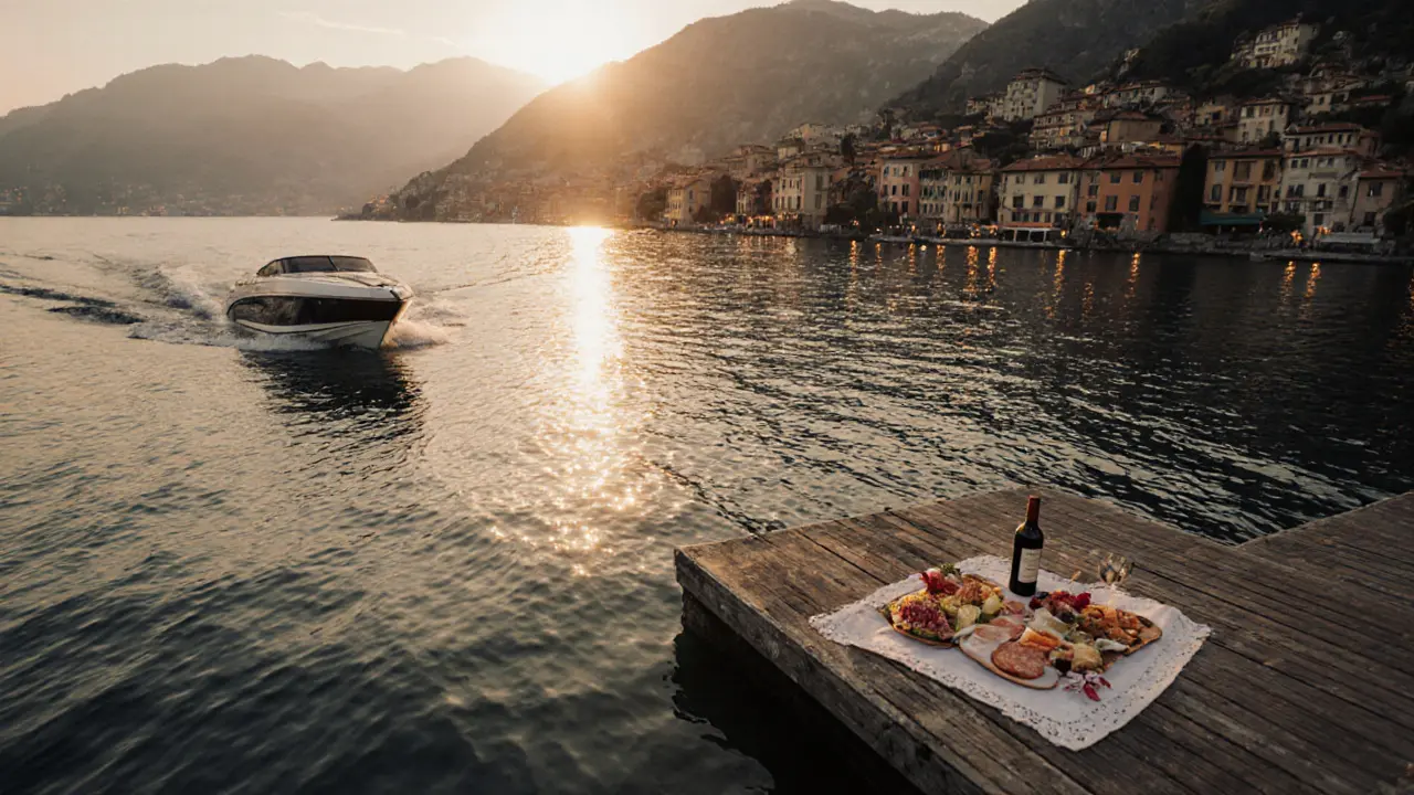Private speedboat on Lake Como at sunset with picnic and bottle of wine, mountains in distance.