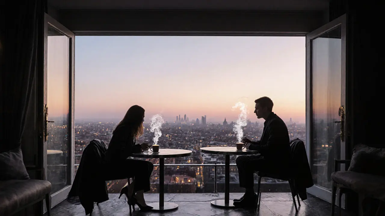 Quiet rooftop lounge at dawn with people sipping coffee, jackets and heels left behind, city lights fading.