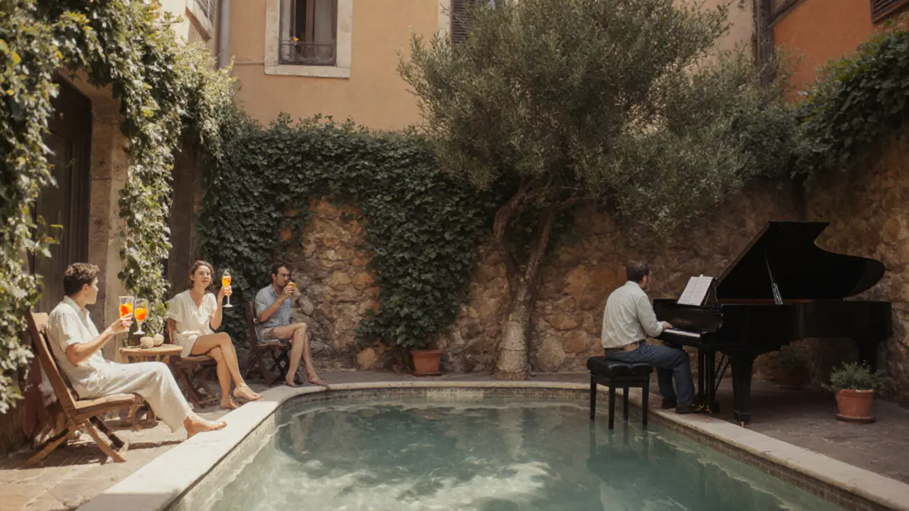 Quiet rooftop pool with locals sipping drinks under olive trees, soft sunlight, and jazz piano in the distance.