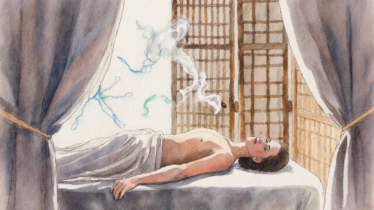 Serene figure on a massage table surrounded by flowing energy lines and bamboo shadows in Porta Venezia.