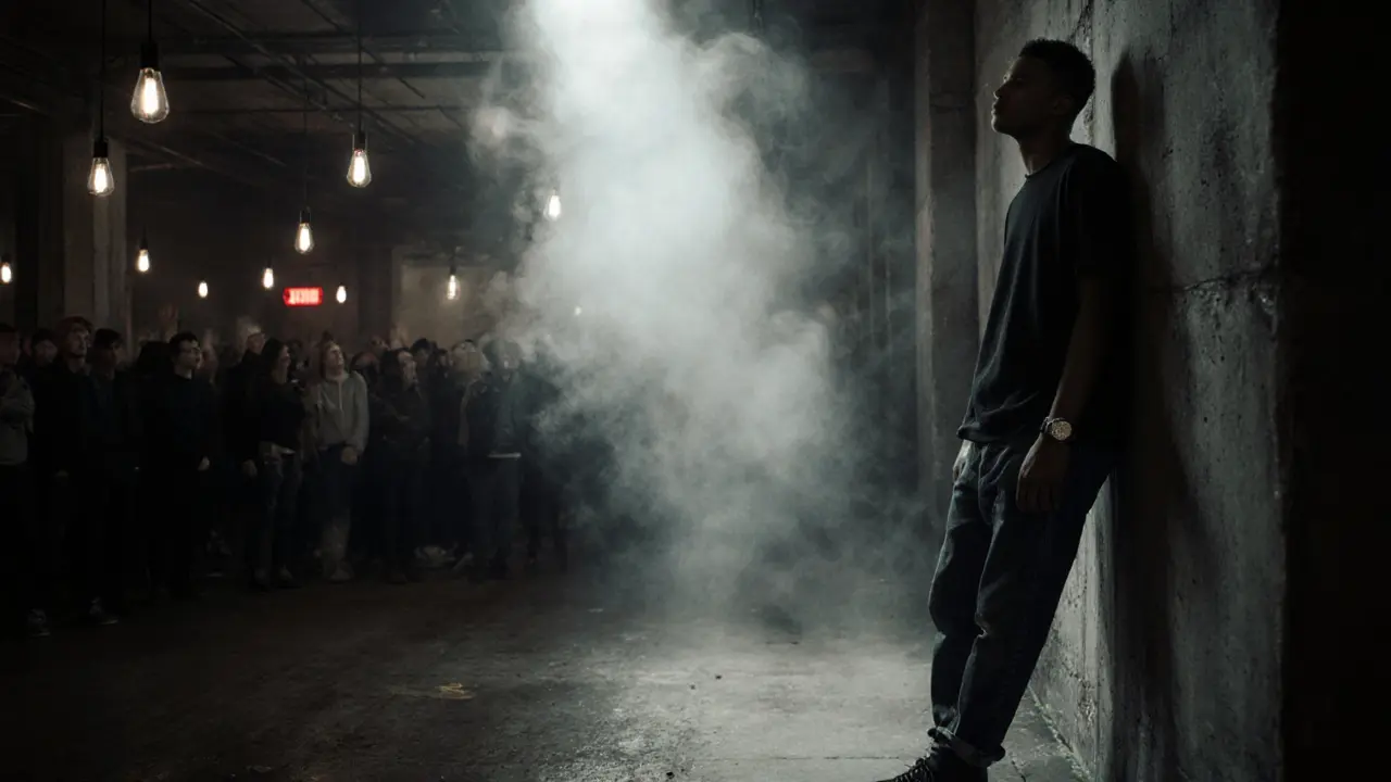 Silent crowd in Berghain’s industrial space, cold light highlighting smoke and textures, one person in deep stillness.