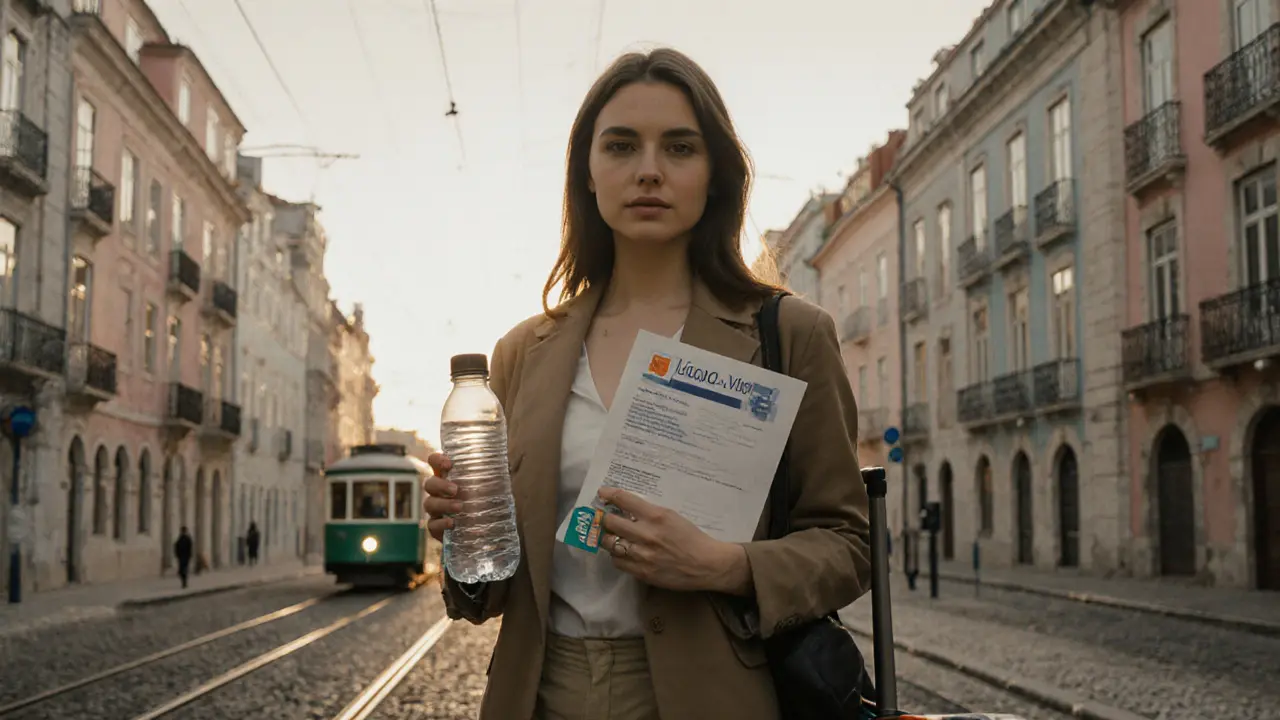 Solo traveler in Lisbon holding visa documents, golden hour light, pastel buildings in background.