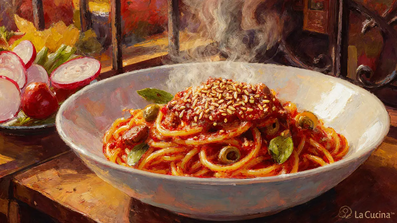 Spaghetti with gochujang, capers, and sesame seeds in a bustling market setting.