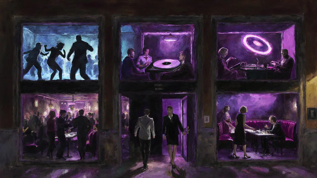 Three-floor nightclub in Brera with different music genres visible through windows, elegant crowd dancing under mood lighting.