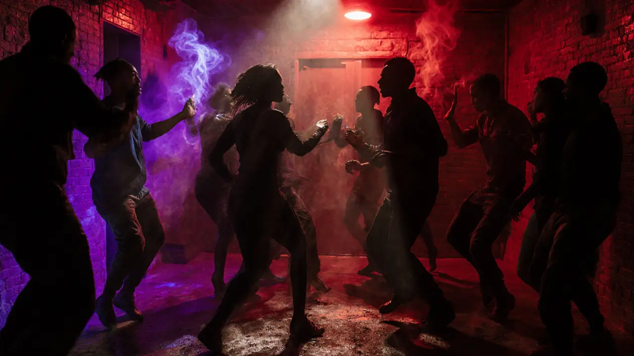 Underground club scene with neon lights and silhouettes dancing to pulsing bass vibrations.