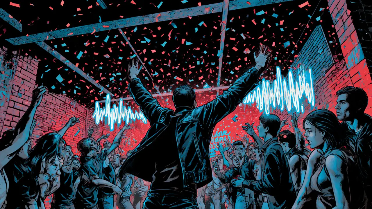 Underground club with wild dancing crowd under neon lights, no phones, raw industrial vibe.