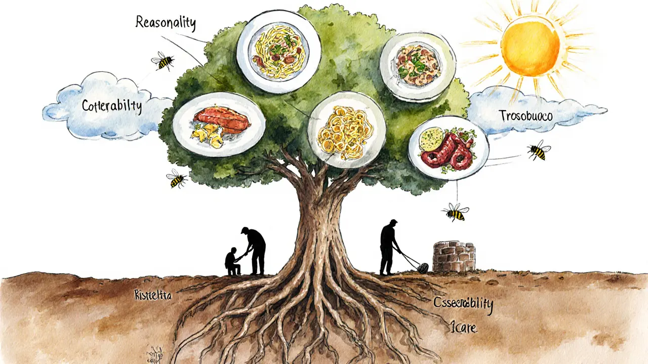 Underground root system connecting farms to Milan dishes, with farmer silhouettes and sun rays symbolizing food traceability.