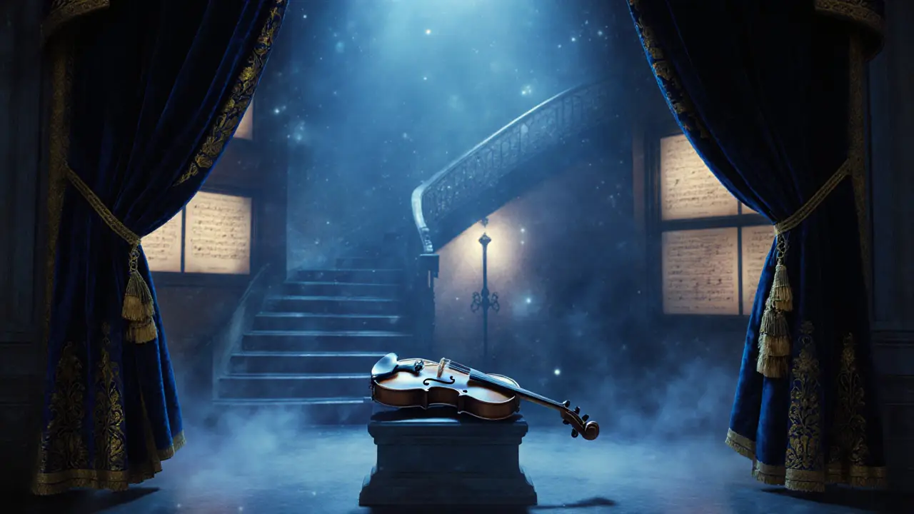 Velvet curtains and musical clues in a Phantom of La Scala escape room, dimly lit.