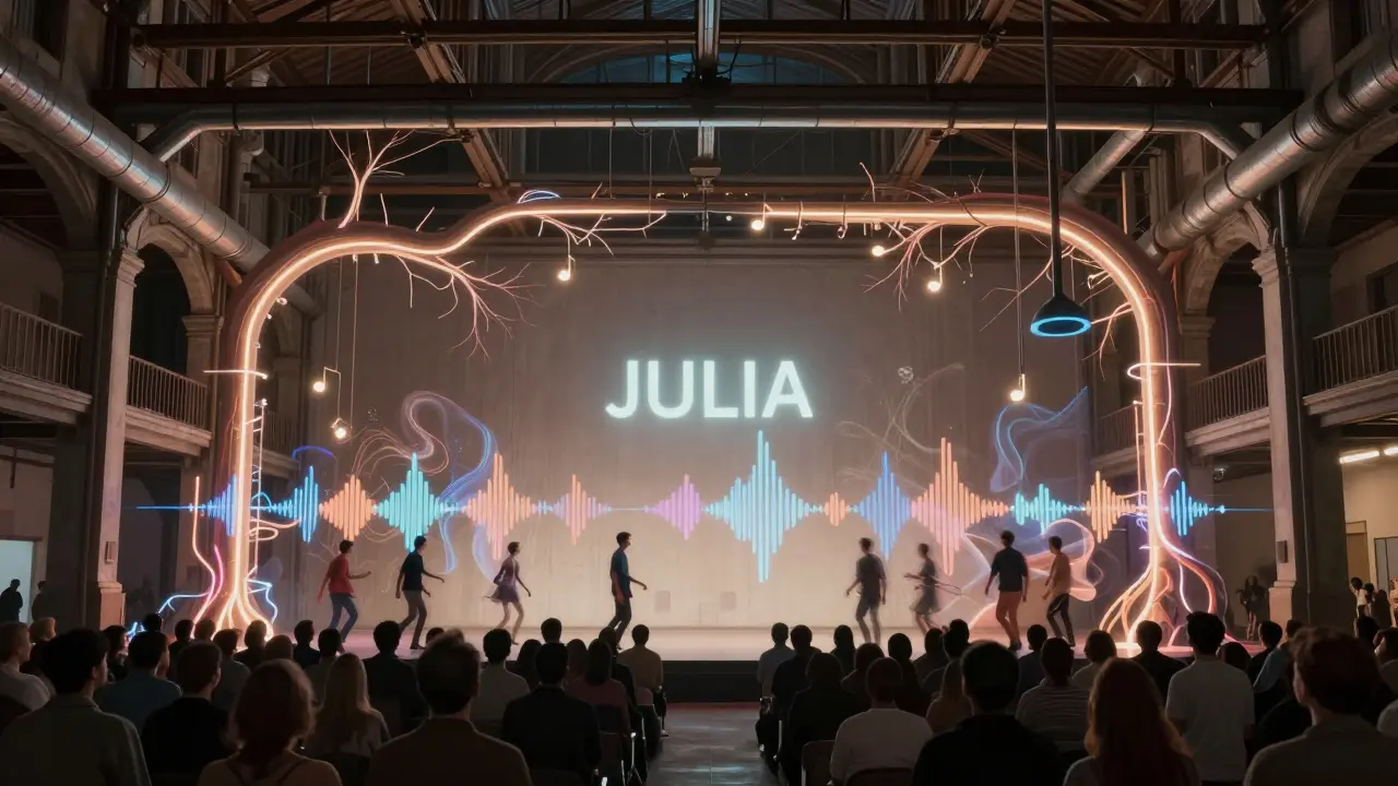 A building with glowing veins of light and projected name on the wall as people dissolve into sound waves.