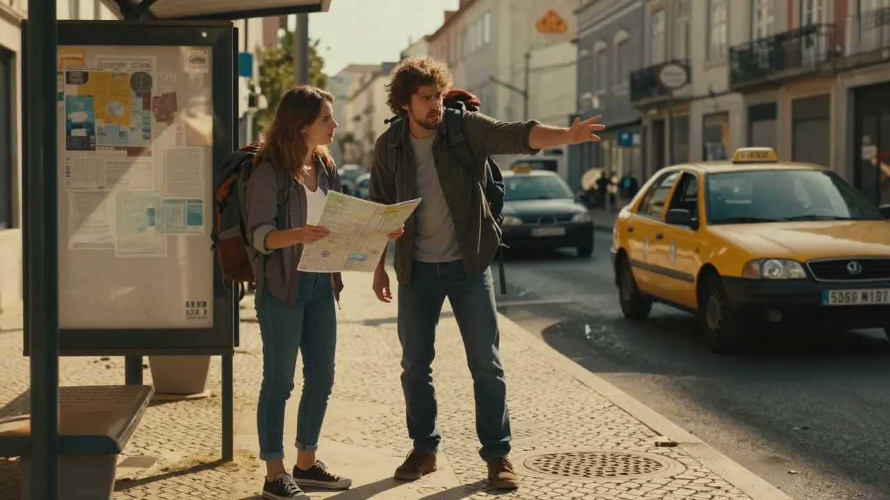 A couple at a bus stop in Portugal, one calm with a map, the other frustrated, golden hour lighting.