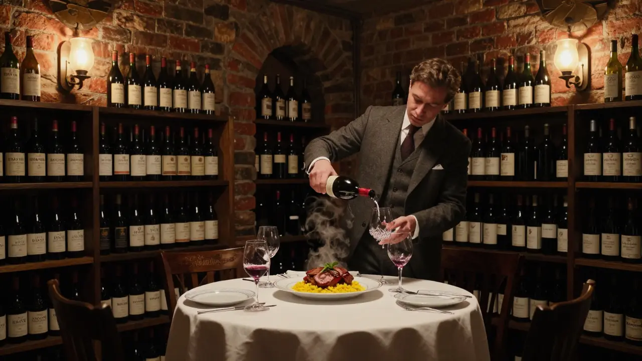 A cozy wine cellar dining room with bottles lining the walls, man pouring wine beside a plate of ossobuco.