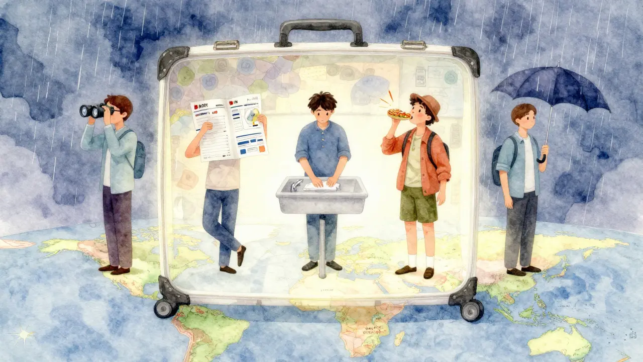 A glowing suitcase containing five symbolic travel traits floating above a world map in watercolor.