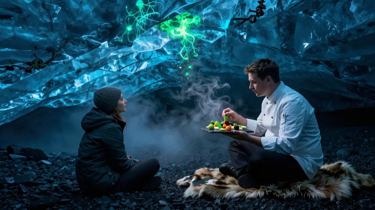A gourmet meal served inside a glowing glacier cave illuminated by bioluminescent algae.