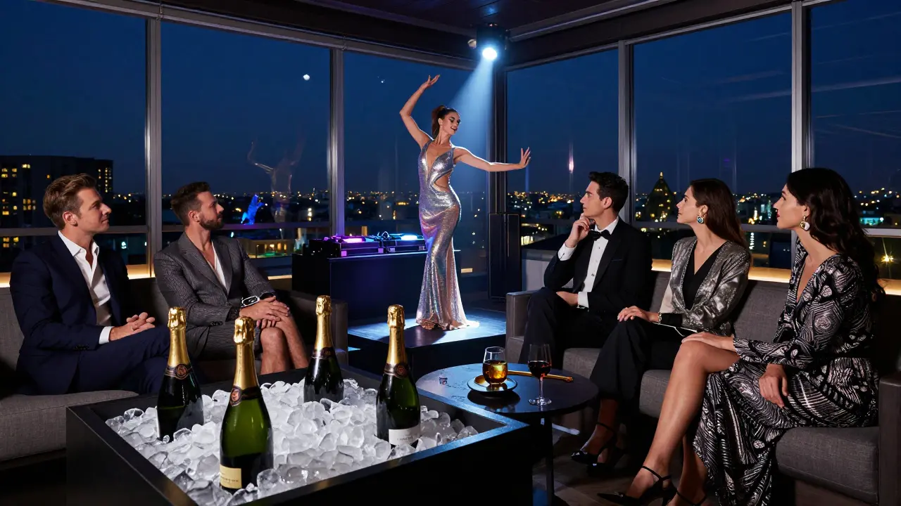 A luxury rooftop club at night with a dancer under spotlight and guests in elegant attire.