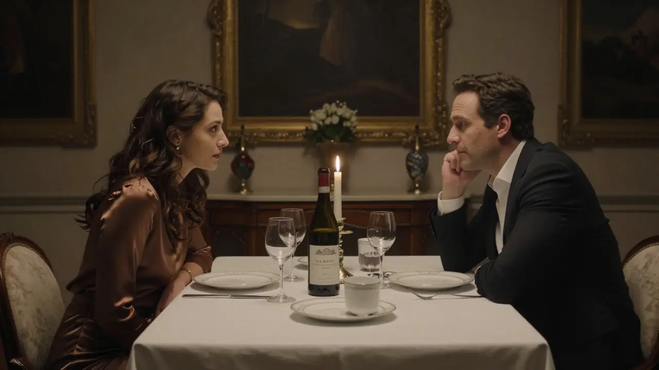 A man and woman share a quiet candlelit dinner in a luxurious Milan villa, engaged in thoughtful conversation.