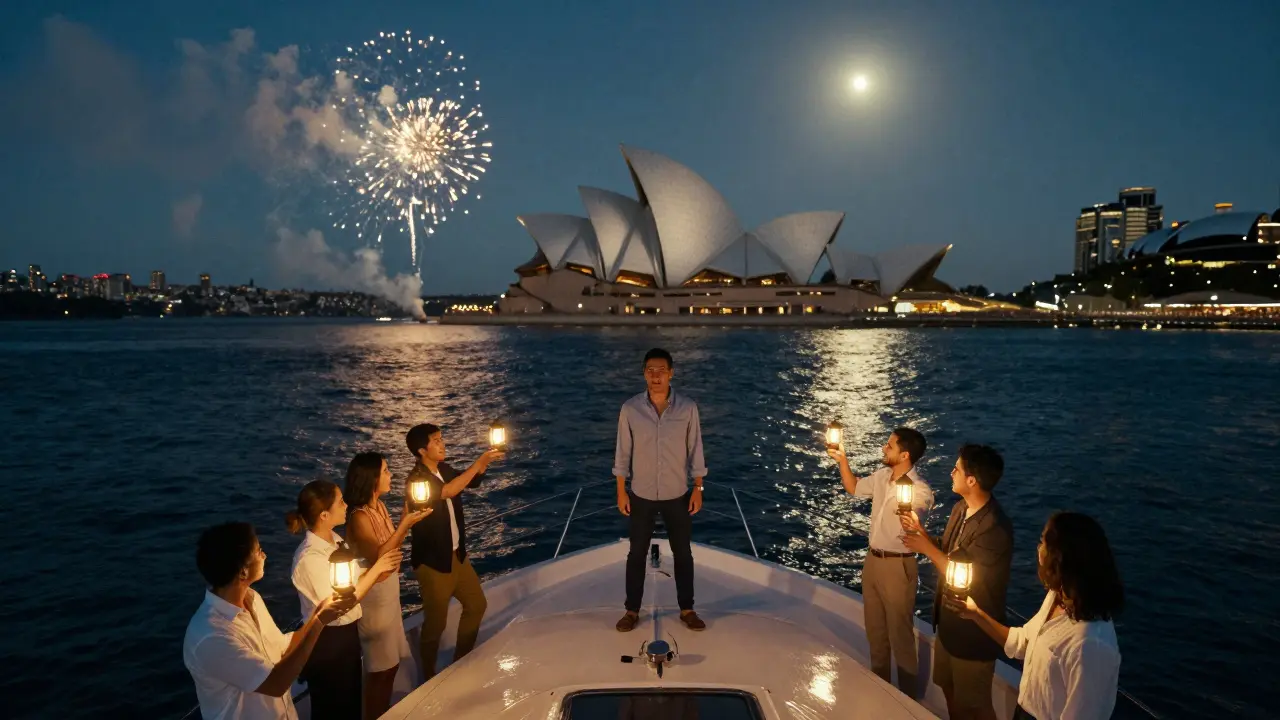 A midnight boat ride on Sydney harbor with friends holding lanterns and distant fireworks.