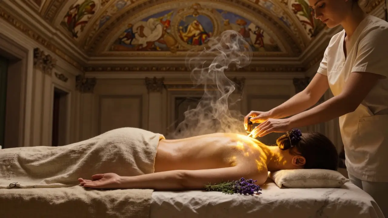 A person wrapped in warm linen, surrounded by herbal steam, under a painted ceiling in an ancient palace.