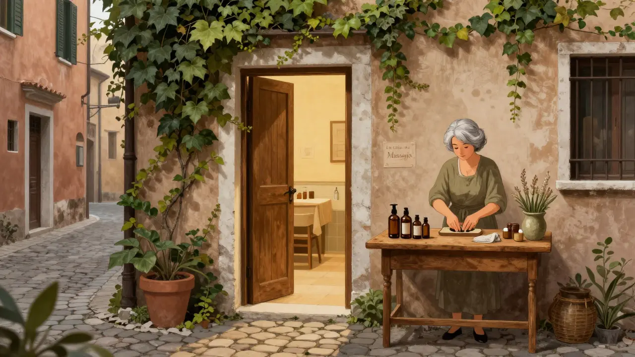 A quiet, hidden massage studio with wooden furniture and herbal oils in a narrow Milan alley.