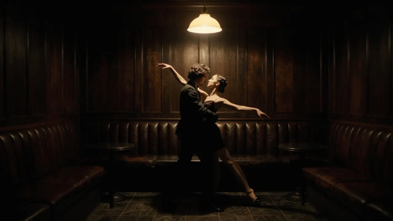 A silent, intimate moment in a dark wood-paneled room with a dancer making eye contact.