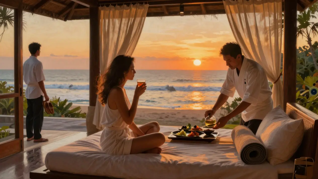 A solo traveler enjoying a private meal in a Bali villa at sunset, ocean view, yoga mat nearby, chef delivering food.