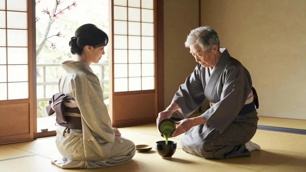 A tea master pours matcha in a quiet Kyoto tea house at dawn, sunlight through shoji screens.