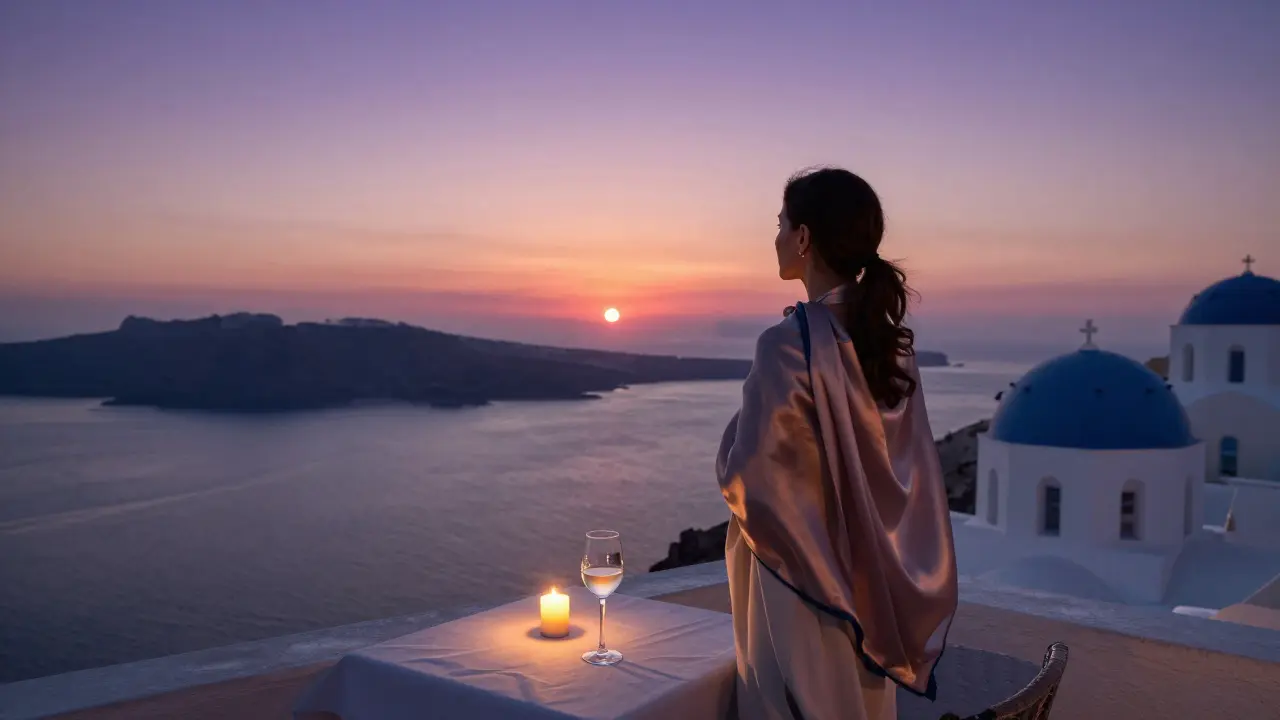 A woman alone on a Santorini terrace at sunset, silk scarf wrapped, candlelit wine glass, no one else in sight.