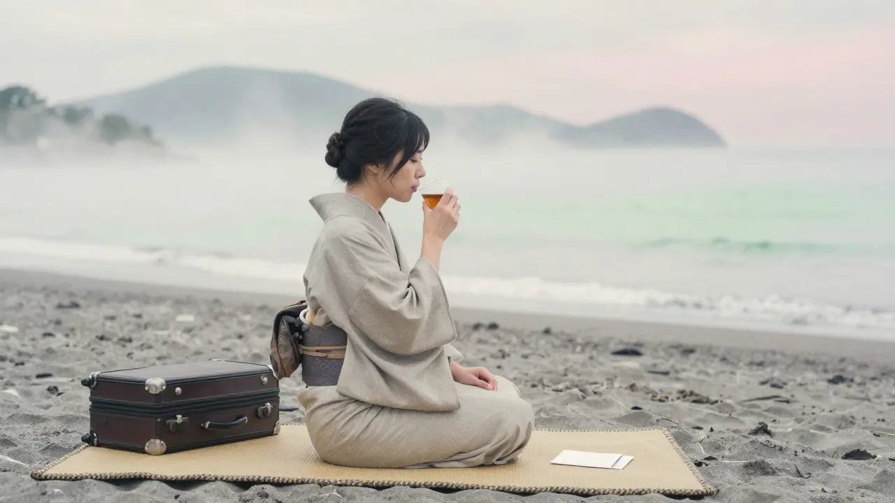 A woman sitting peacefully on a Kyoto beach at dawn, alone with tea and mist.