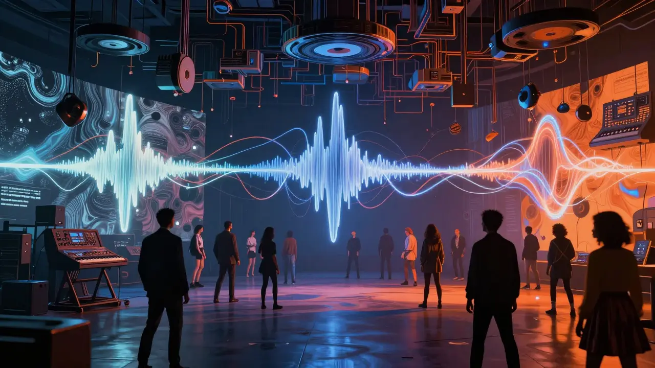 Abstract audio visuals swirl through a dark club as diverse attendees experience experimental sound and light.