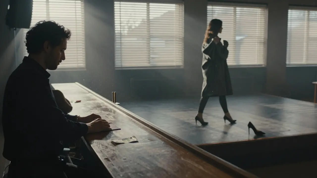 An empty strip club at dawn, a single high heel on stage as the staff cleans up after closing.