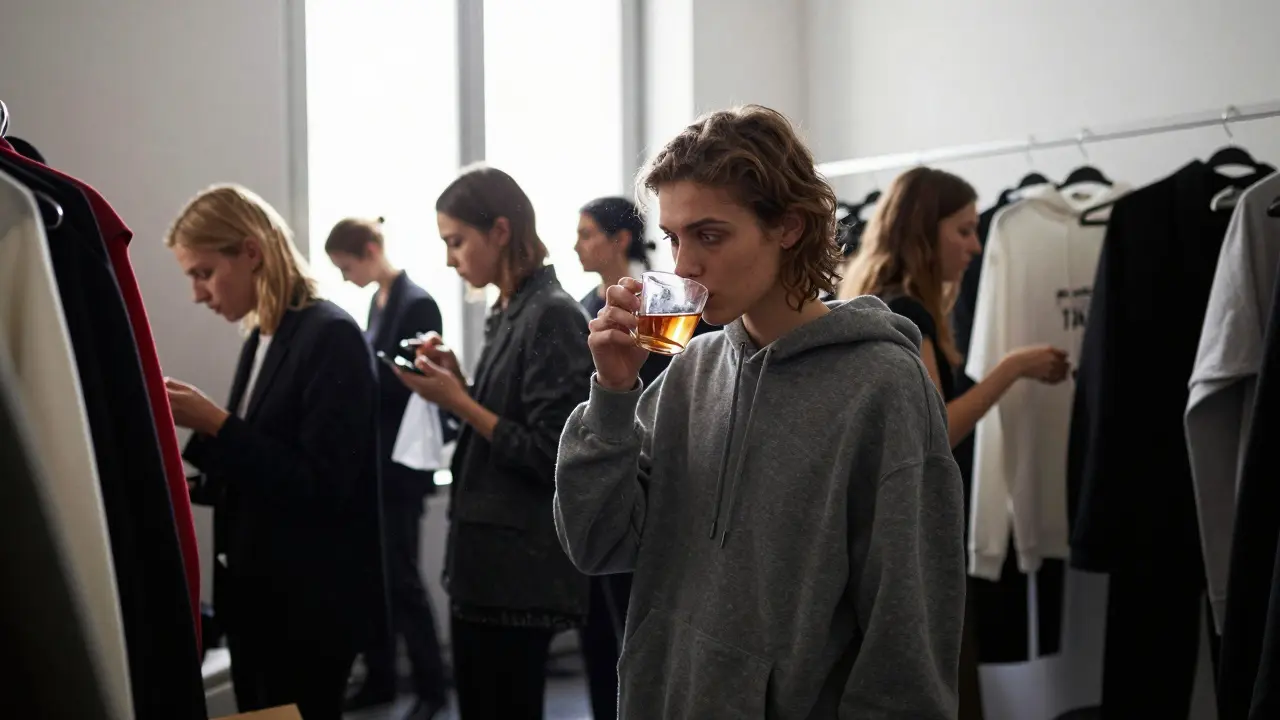 Backstage at Milan Fashion Week, a model sips tea among others in a crowded, dimly lit dressing room.