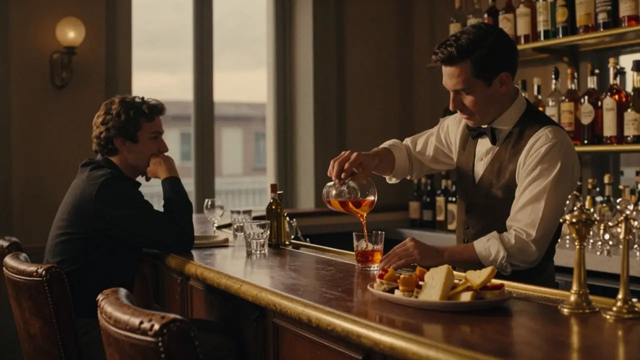 Bar Basso in Brera at dusk, bartender pouring a classic cocktail in a warm, vintage setting.