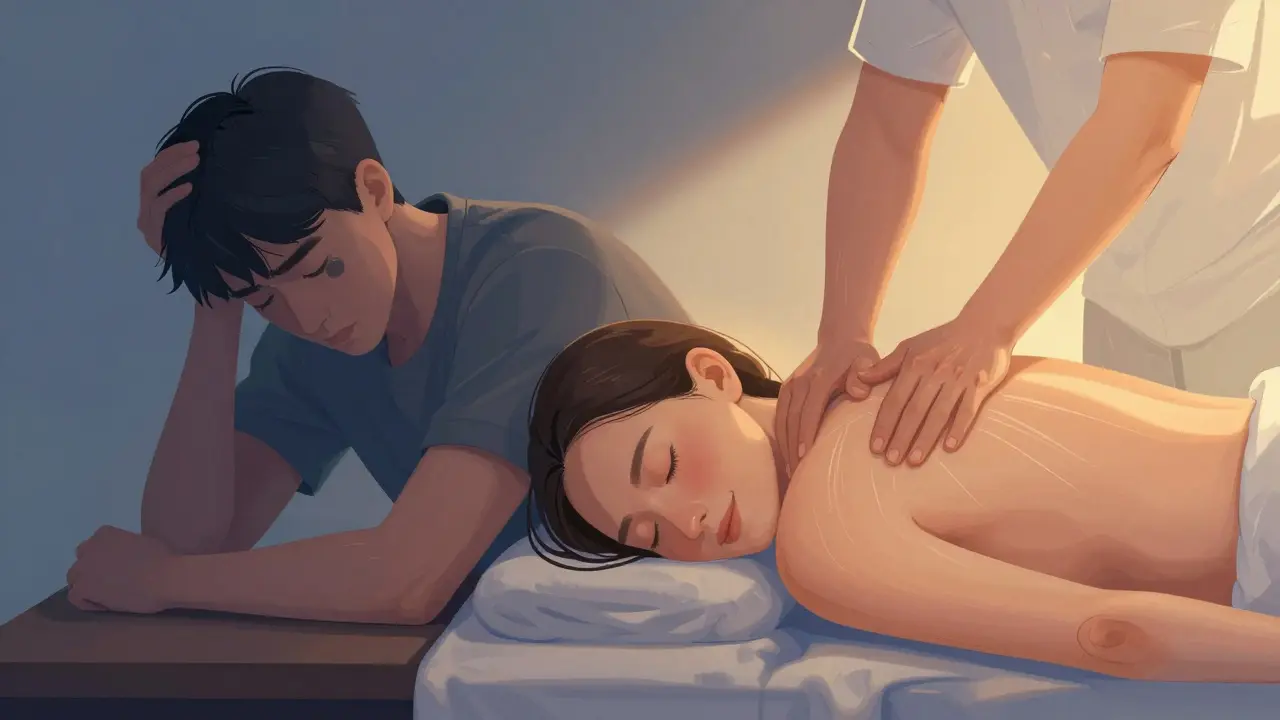 Before and after comparison: stressed individual versus relaxed person after deep tissue massage with glowing energy lines.