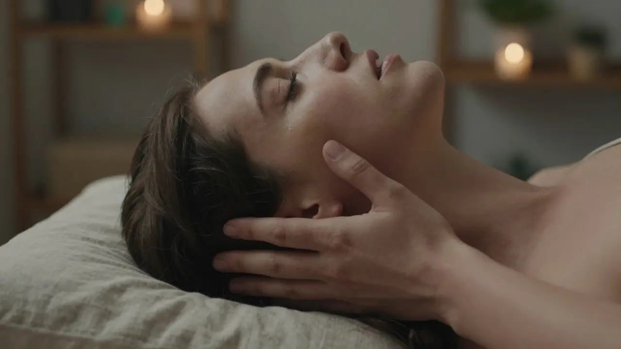 Close-up of hand gently pressing at base of skull, neck muscles softening under calm, focused touch.