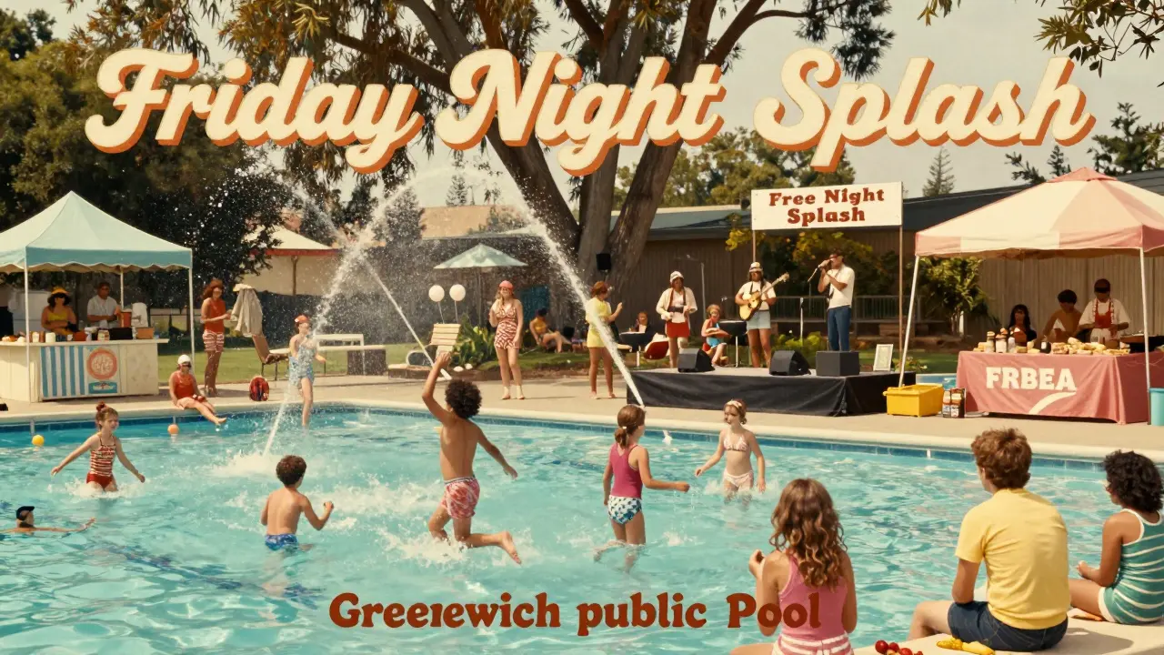 Community pool party at Greenwich with children, music, and families under tents during golden hour.