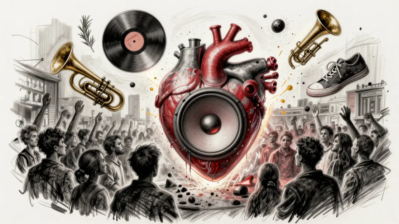 Conceptual heart-shaped speaker at the center of a crowd, floating vinyl records and musical elements swirling in the air.