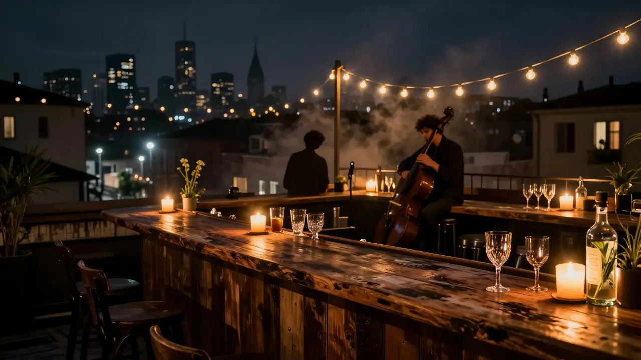 Cozy hidden rooftop bar with wooden decor and live jazz under string lights, city skyline glowing afar.