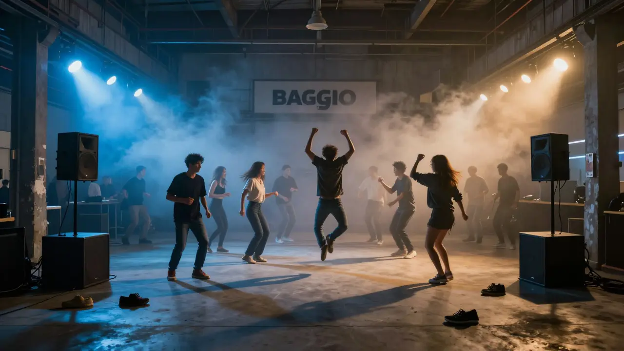 Crowd dancing in the raw, fog-filled warehouse club Baggio at 3 a.m.