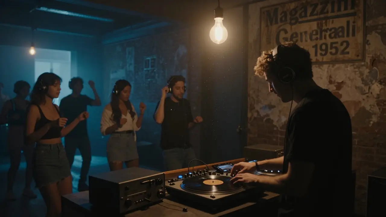 DJ spinning vinyl in a dim booth while others dance silently in headphones in a grain storage room.