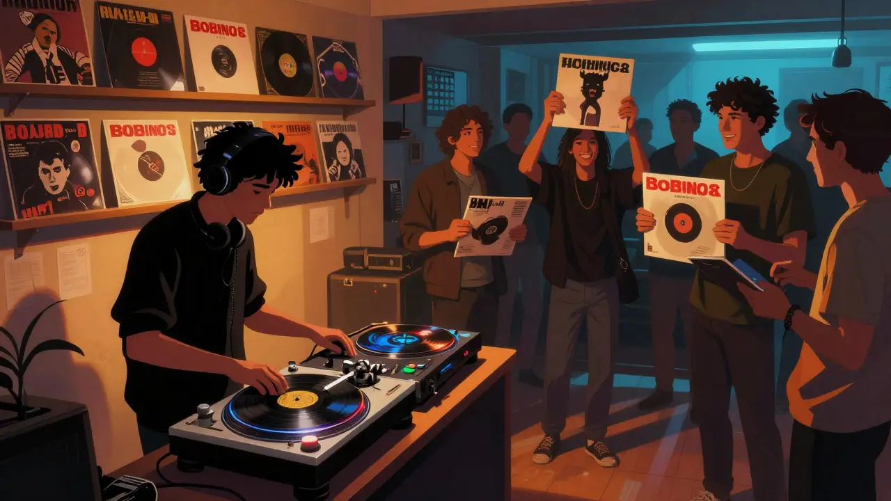 DJ spinning vinyl records at Bobino Milano, shelves of rare Italian disco and punk behind him, crowd swapping records.