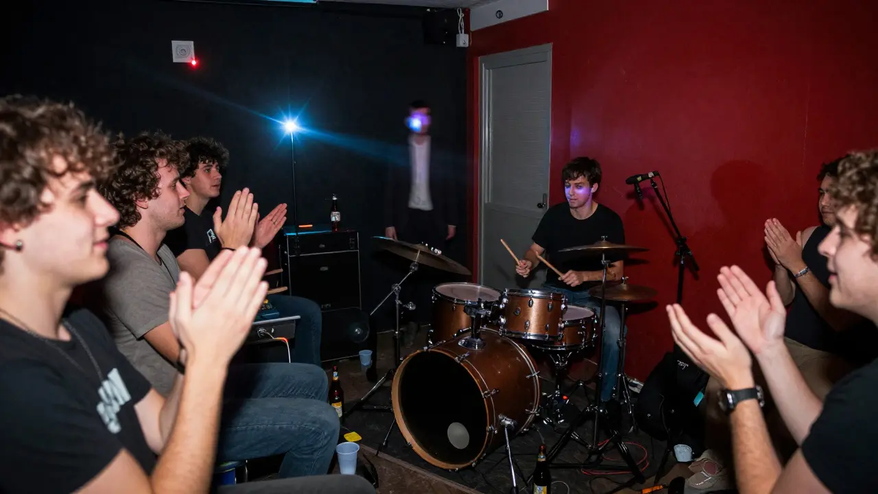 Drummer playing solo on a secondhand kit as crowd claps in unison, chaotic lights and sweat-drenched faces all around.