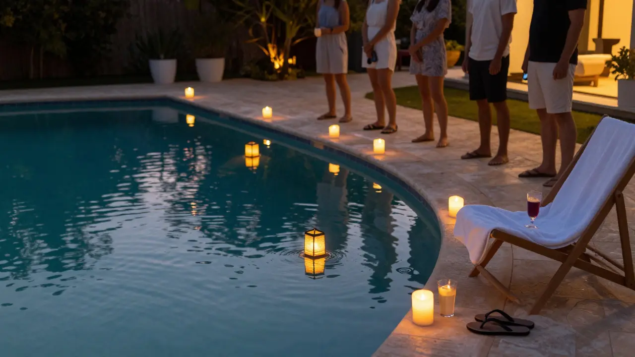 Dusk at the pool: soft LED lights reflect on calm water, guests gazing in quiet delight.