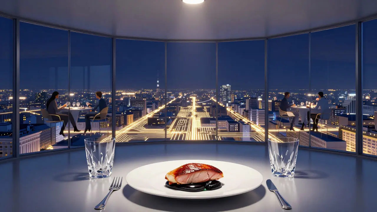 Elevated dining at Il Cielo with Milan’s glittering city lights below like a luminous circuit board at night.