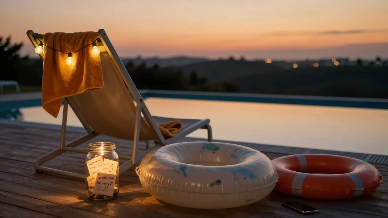 Empty lounge chair with a towel and jar of handwritten summer memories under twinkling fairy lights at dusk.