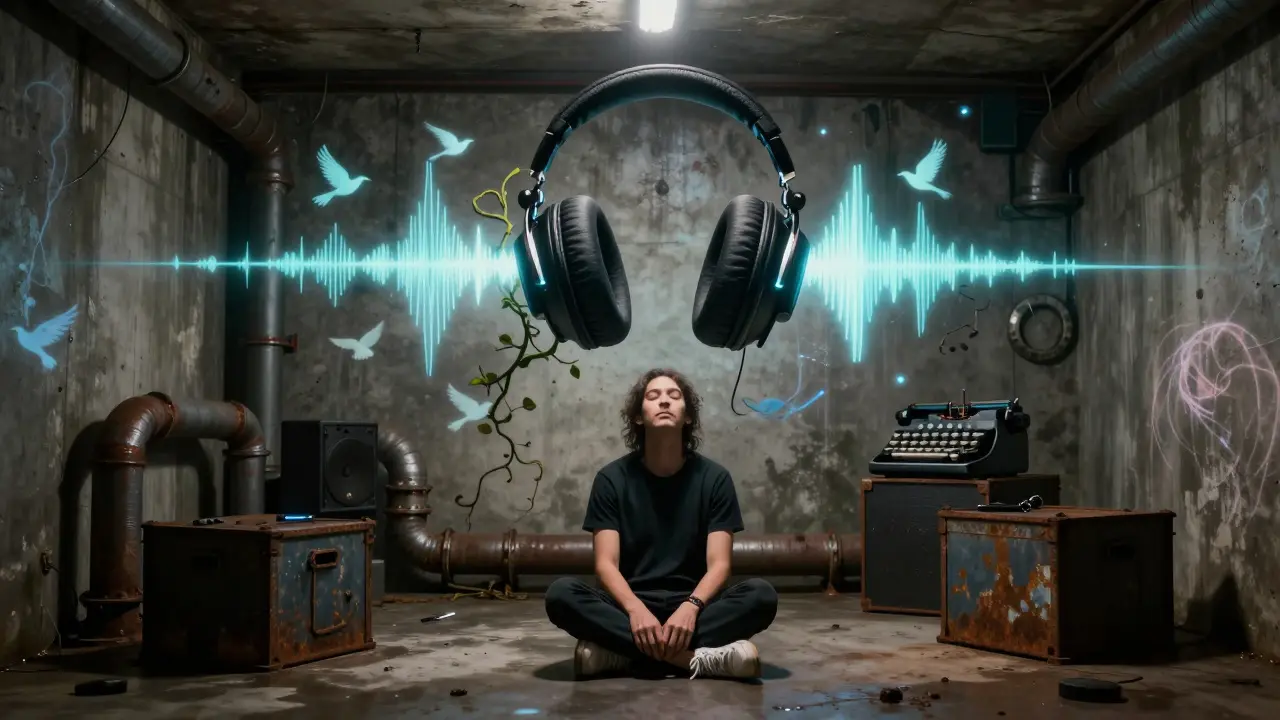 Floating headphones emitting sound waves that transform into birds and typewriter keys in a dim, industrial basement space.