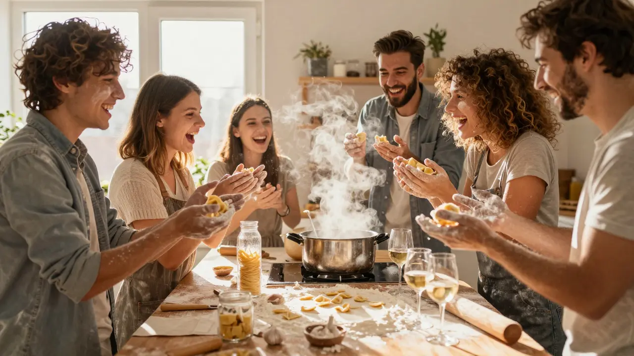 Friends laughing in a kitchen covered in flour, holding handmade pasta.
