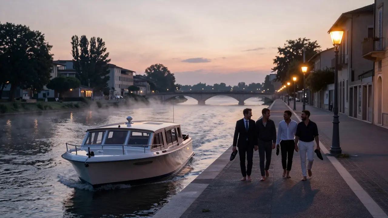 Friends walking barefoot through Milan streets at dawn after a private boat ride.