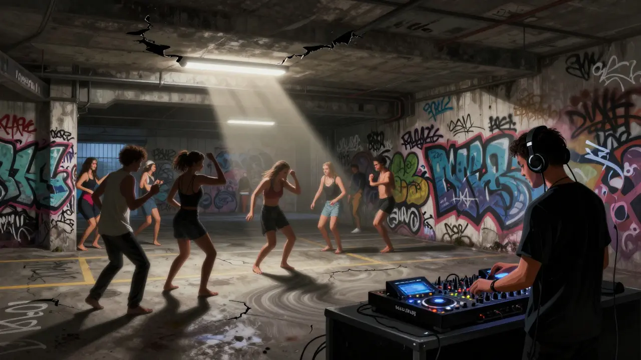 Graffiti-covered underground club with dancers and a DJ as dawn light creeps in.