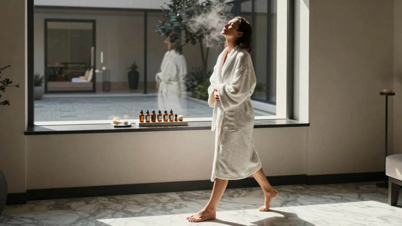 Guest emerging from luxury spa session, wrapped in robe, walking peacefully toward sunlight.