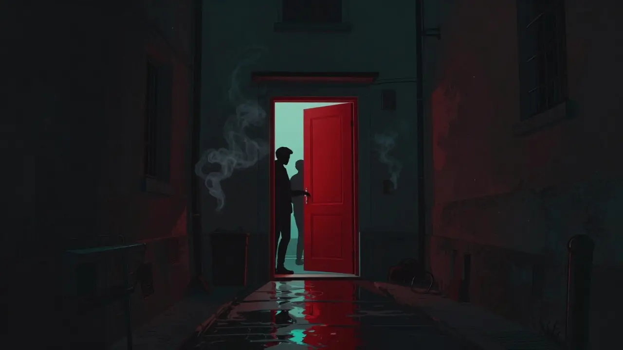 Hidden red door of La Baita bar glowing in a narrow alley at night.