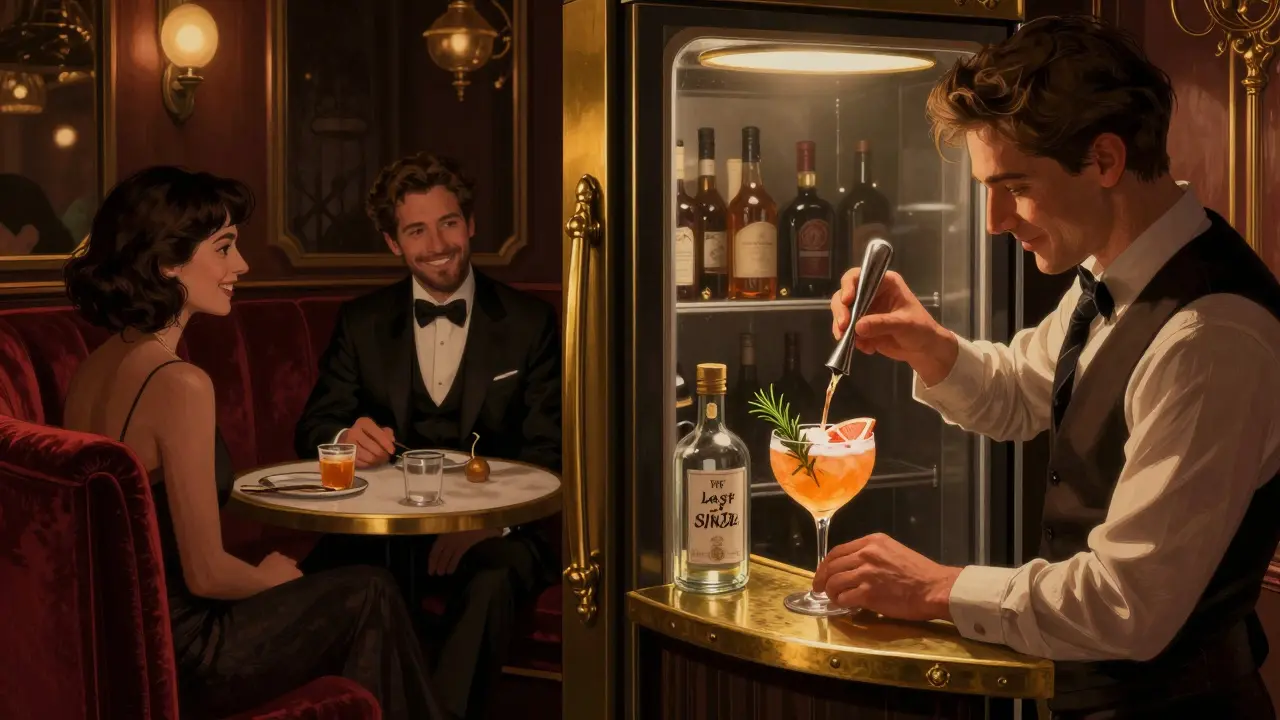 Hidden speakeasy in Brera with bartender crafting a special cocktail for the groom.